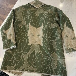Gorgeous Boiled Wool Blanket Coat Shacket Cat Lynx Leaf Print Open Cardigan Boho